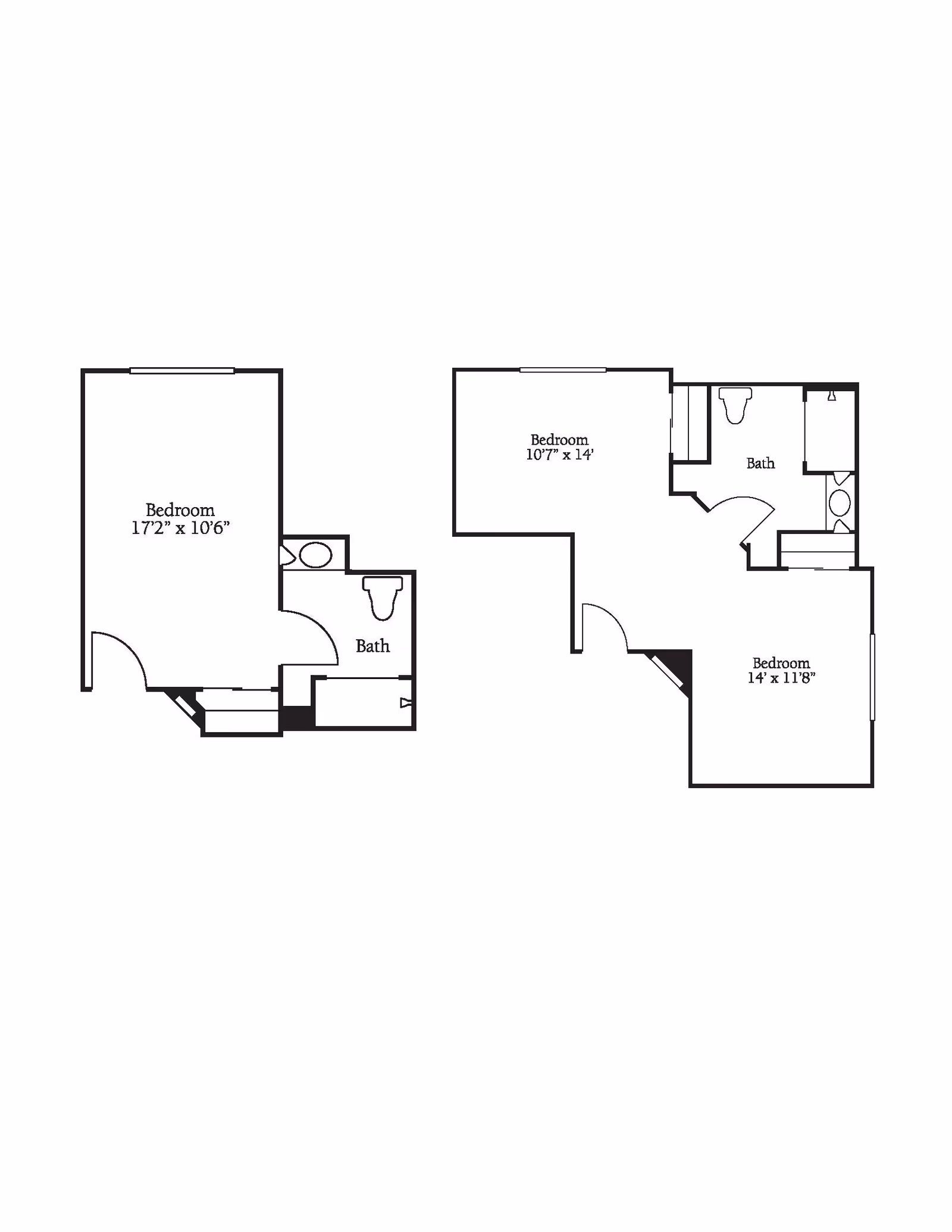 Architectural floor plan showing two layouts with bedrooms and bathrooms. The left layout has one bedroom measuring 17'2" x 10'6" and a bathroom. The right layout has two bedrooms measuring 10'7" x 14' and 14' x 11'8" with a bathroom in between.