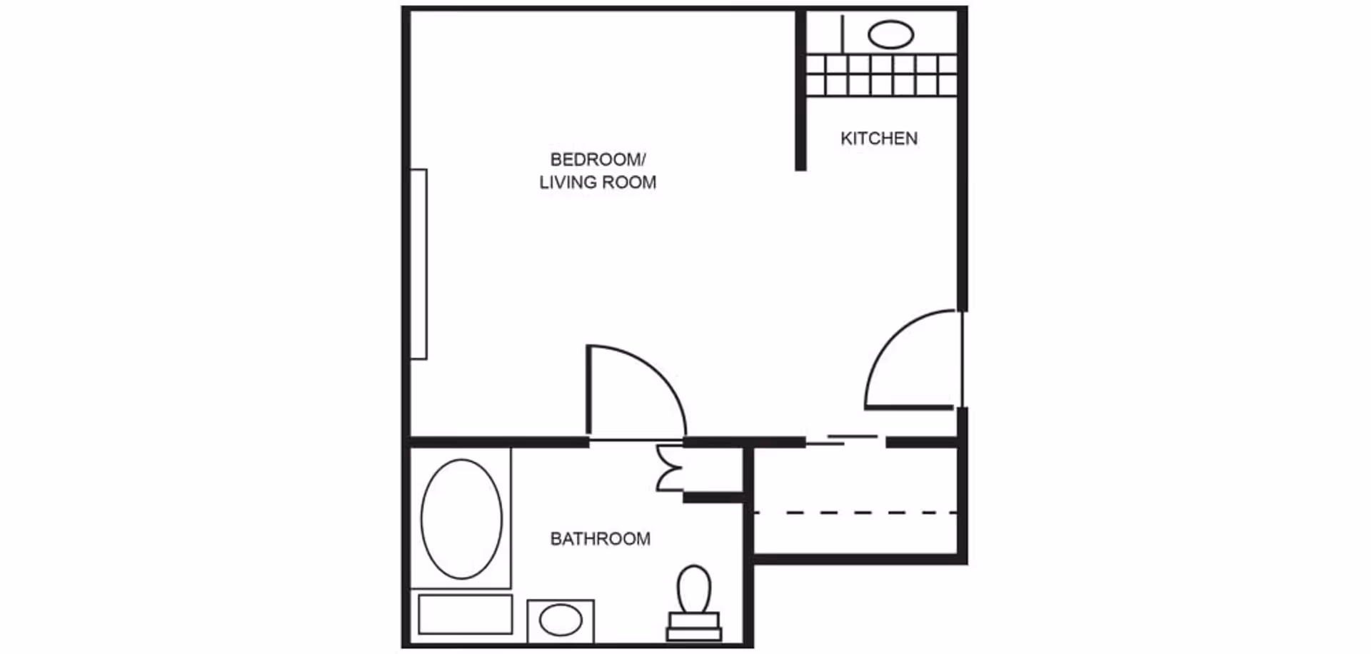 Black and white floor plan layout of a small living space including a combined bedroom and living room area, a kitchen, and a bathroom with a bathtub, sink, and toilet.