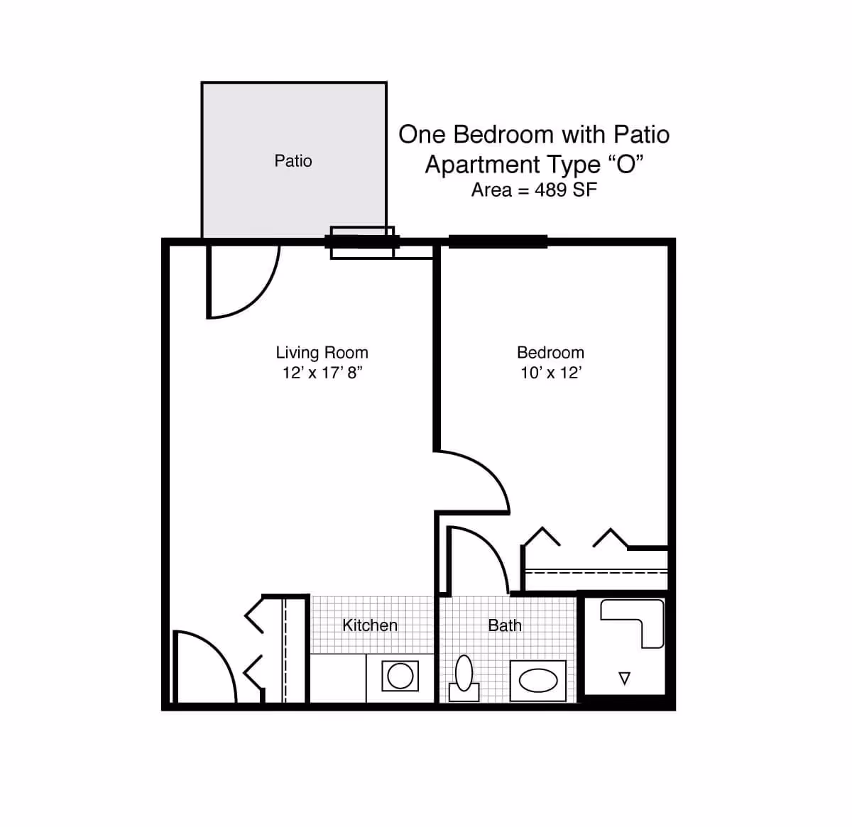 Floor plan of a one-bedroom apartment with a patio, showing a living room, kitchen, bathroom, and bedroom with dimensions.