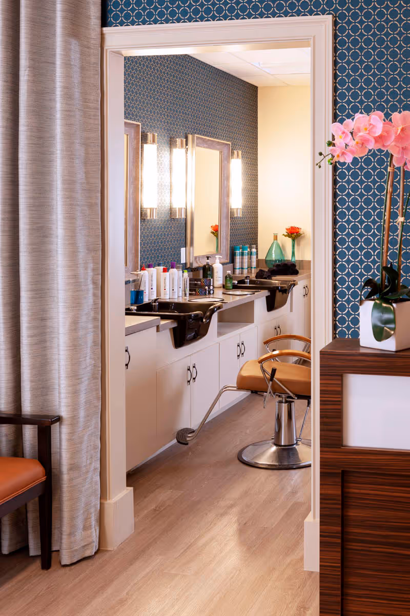 Salon-style hair-styling station visible through a doorway with sinks, mirrors, a styling chair, and hair products.