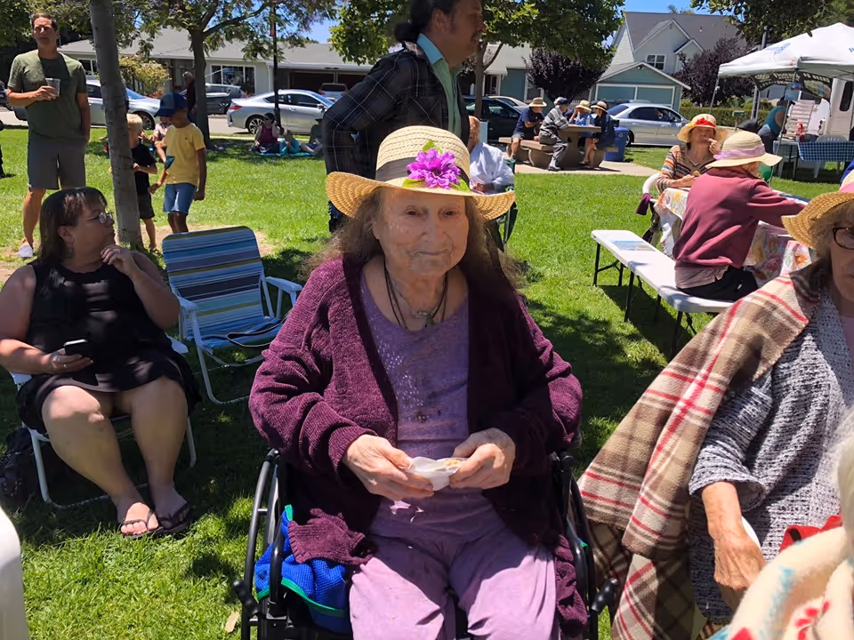 An elderly woman in a straw hat with a purple flower sits in a wheelchair outdoors at a park gathering with other people.