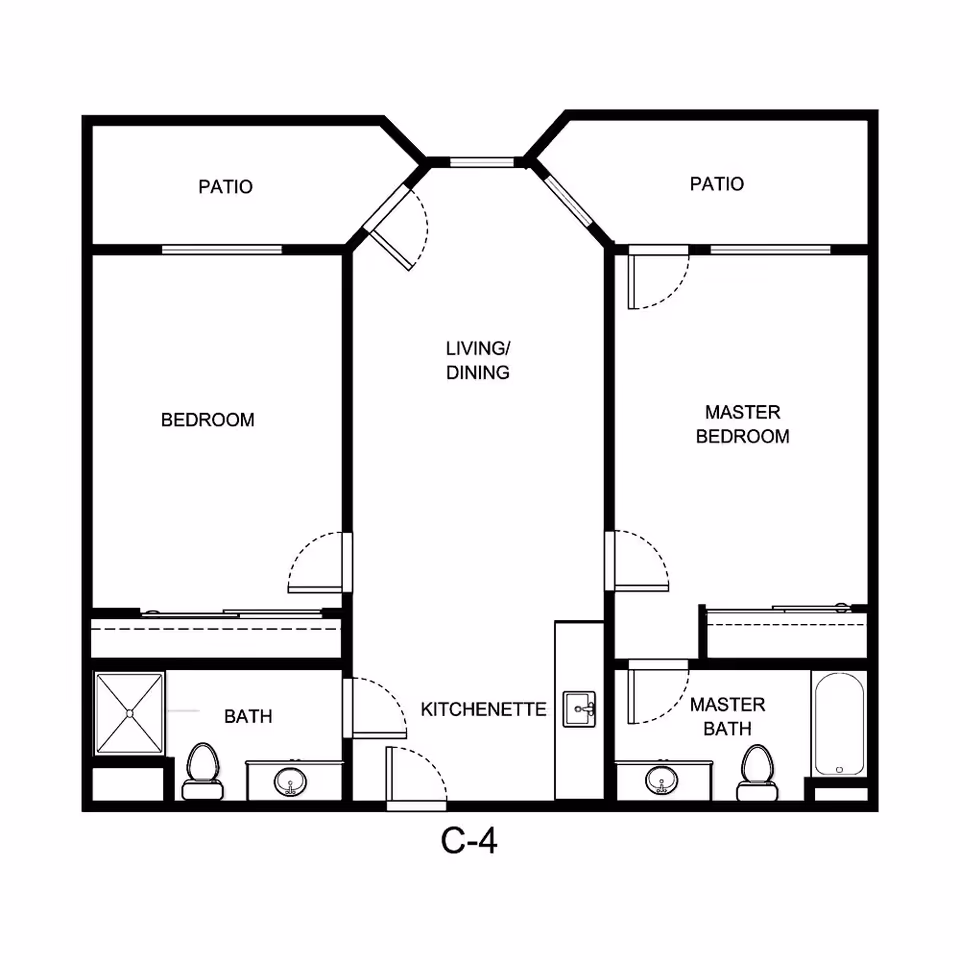 Black-and-white floor plan labeled C-4 showing two bedrooms, two bathrooms, a central living/dining area with kitchenette and two patios.