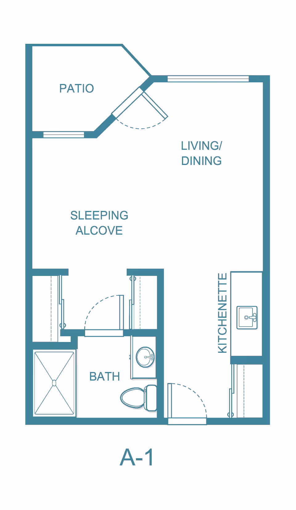 Floor plan labeled A-1 showing a layout with a patio, living/dining area, sleeping alcove, kitchenette, and a bath with a shower, toilet, and sink.