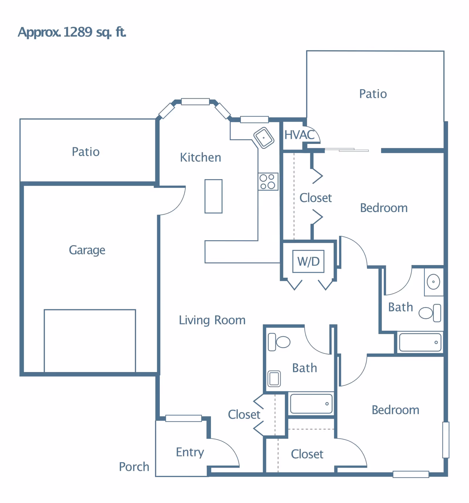 Floor plan layout of a residential unit approximately 1289 square feet, showing two bedrooms, two bathrooms, a kitchen, living room, garage, two patios, entry porch, closets, HVAC, and washer/dryer area.