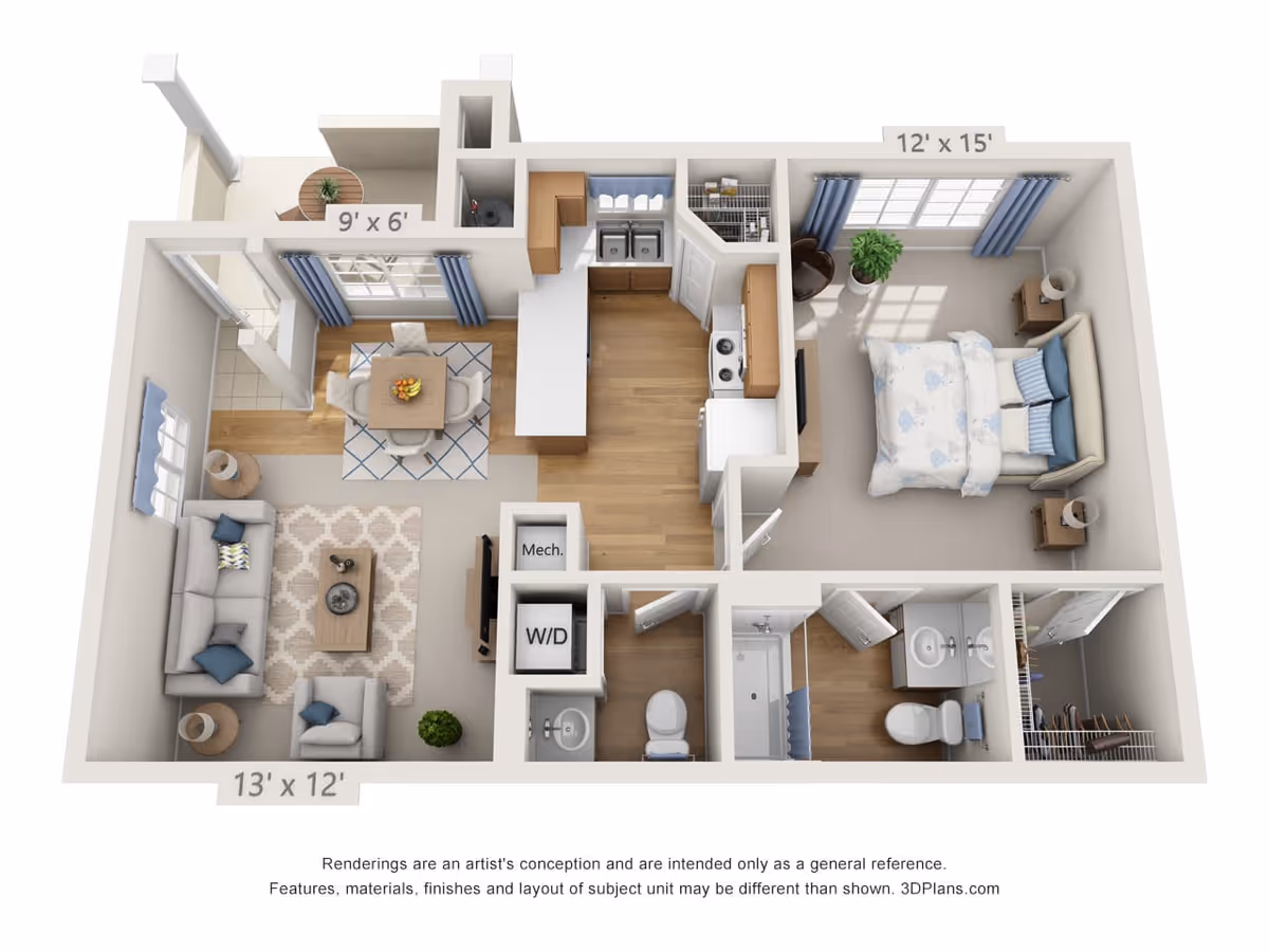3D floor plan of a one-bedroom apartment featuring a living room with sofa and armchair, a dining area with a table and four chairs, a kitchen with appliances and cabinetry, a bedroom with a bed and nightstands, a bathroom with a shower and toilet, a washer/dryer closet, and a mechanical closet. Dimensions are labeled for the living room, dining area, and bedroom.
