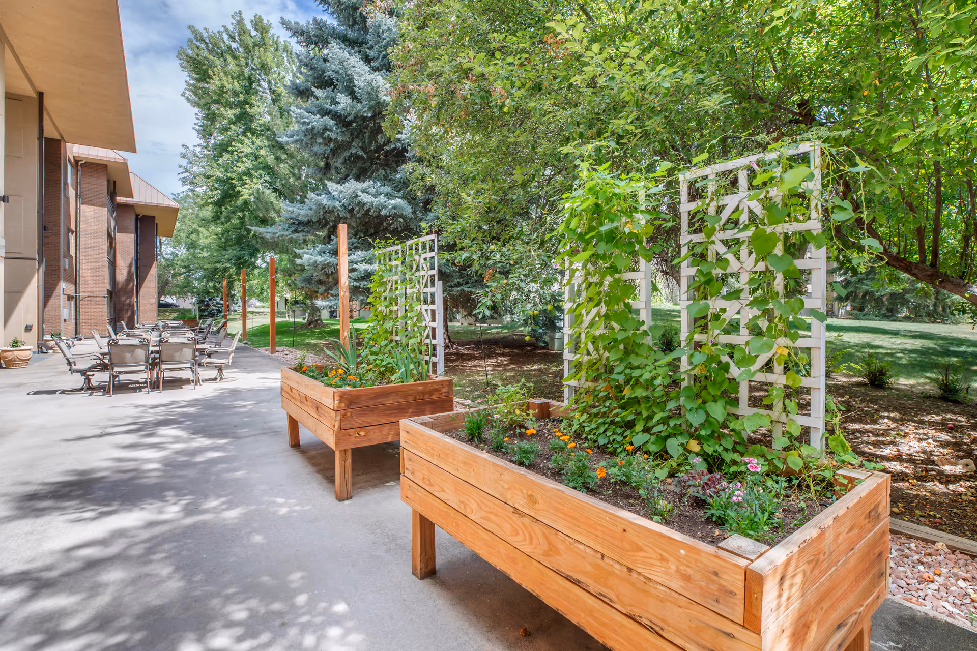Outdoor patio area at Brookdale North Boulder featuring two wooden raised garden beds with green plants and flowers growing on white trellises. There are several chairs and tables arranged along the concrete patio next to a brick building, with large trees and green grass in the background under a partly cloudy sky.