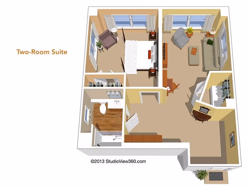 3D floor plan of a two-room suite showing a bedroom with a bed, two nightstands, a chair, and windows; a living room with a sofa, armchair, coffee table, TV, desk, and windows; a bathroom with a toilet, sink, and bathtub; and a closet. The suite has beige walls and carpeted floors, with wood flooring in the bathroom.