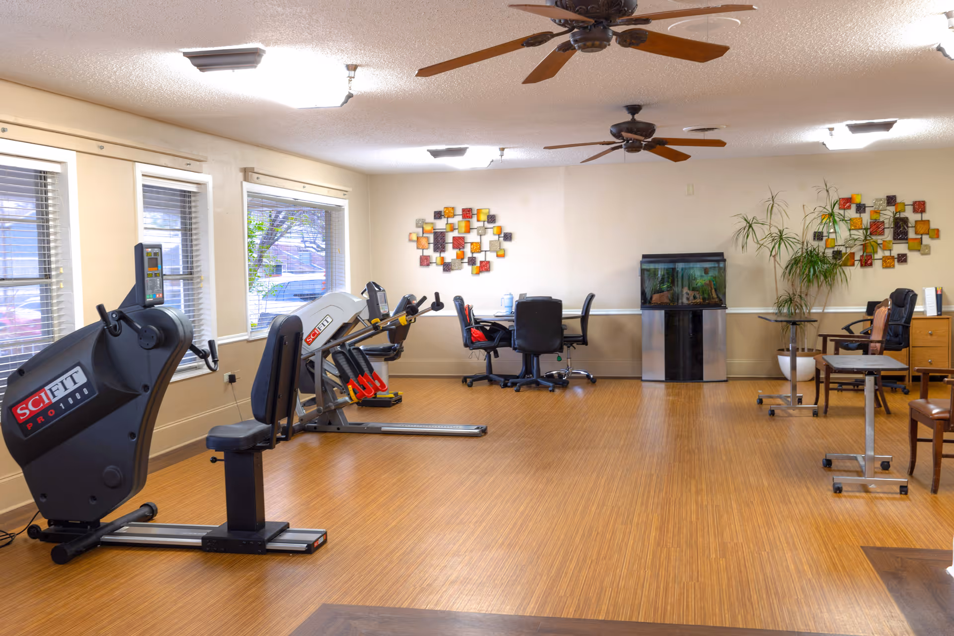 A spacious room with exercise equipment including SciFit machines, office chairs around a table, a fish tank, potted plants, and decorative wall art. The room has wooden flooring, ceiling fans, and large windows letting in natural light.
