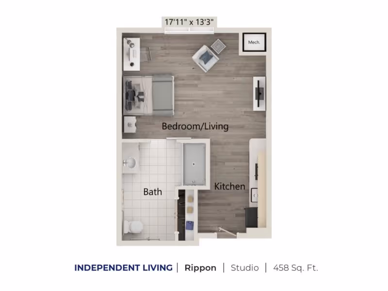Studio floor plan for an Independent Living apartment showing a combined bedroom/living area, kitchen, and bath, labeled Rippon 458 sq. ft.