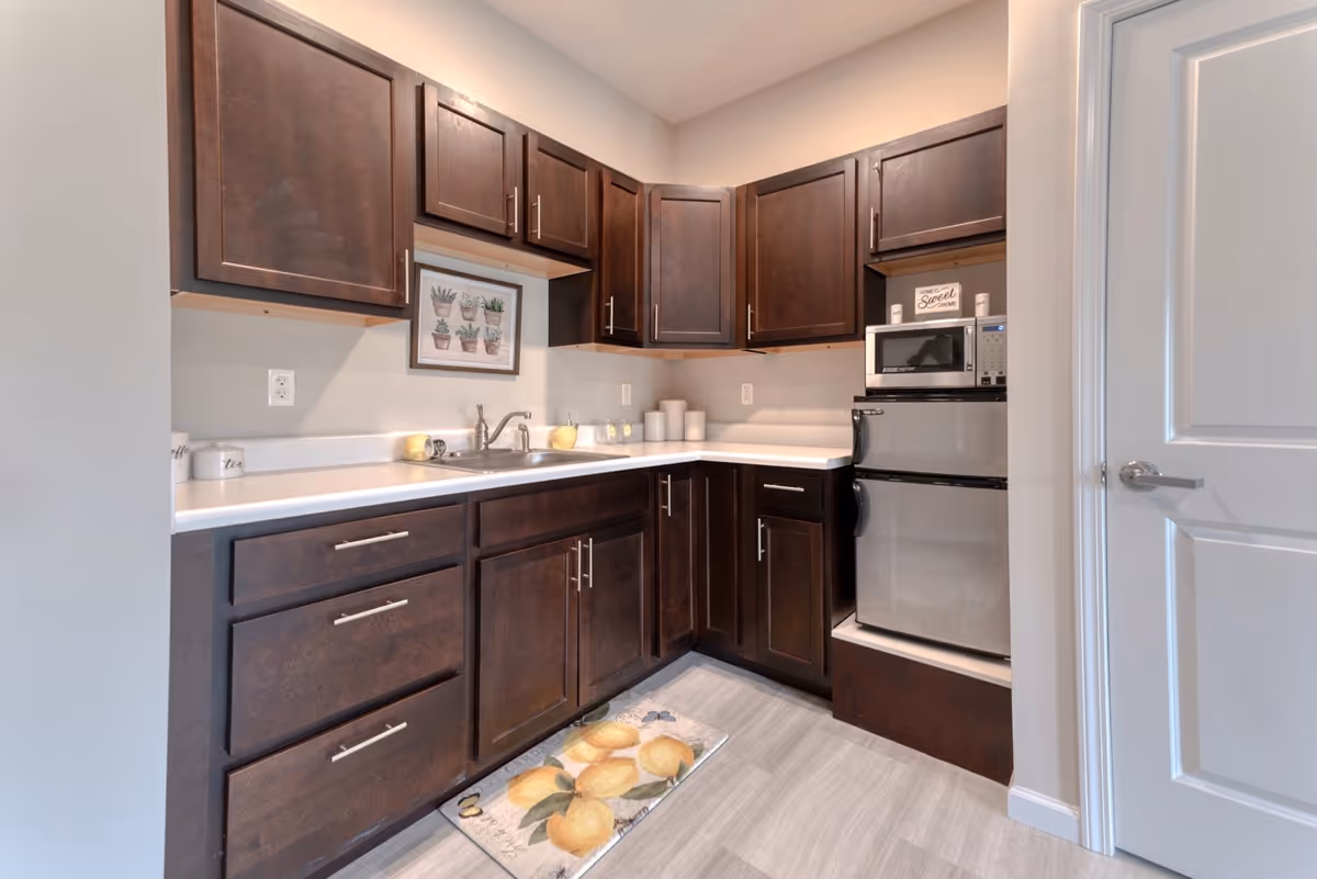 A compact kitchen area with dark wooden cabinets, a white countertop, a stainless steel mini refrigerator, and a microwave. The kitchen has a small sink, decorative jars, a framed picture of potted plants on the wall, and a lemon-themed floor mat. The walls are light-colored and there is a white door to the right.