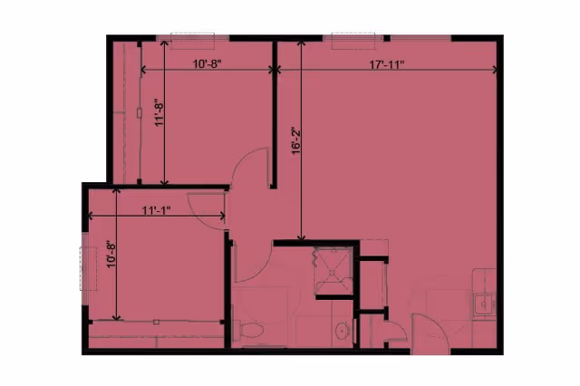 Architectural floor plan of a senior living unit showing dimensions of rooms including a living area, bedroom, bathroom, and kitchen space.