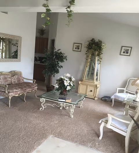Cozy living room with glass coffee table, floral sofa, white chairs, and plants.