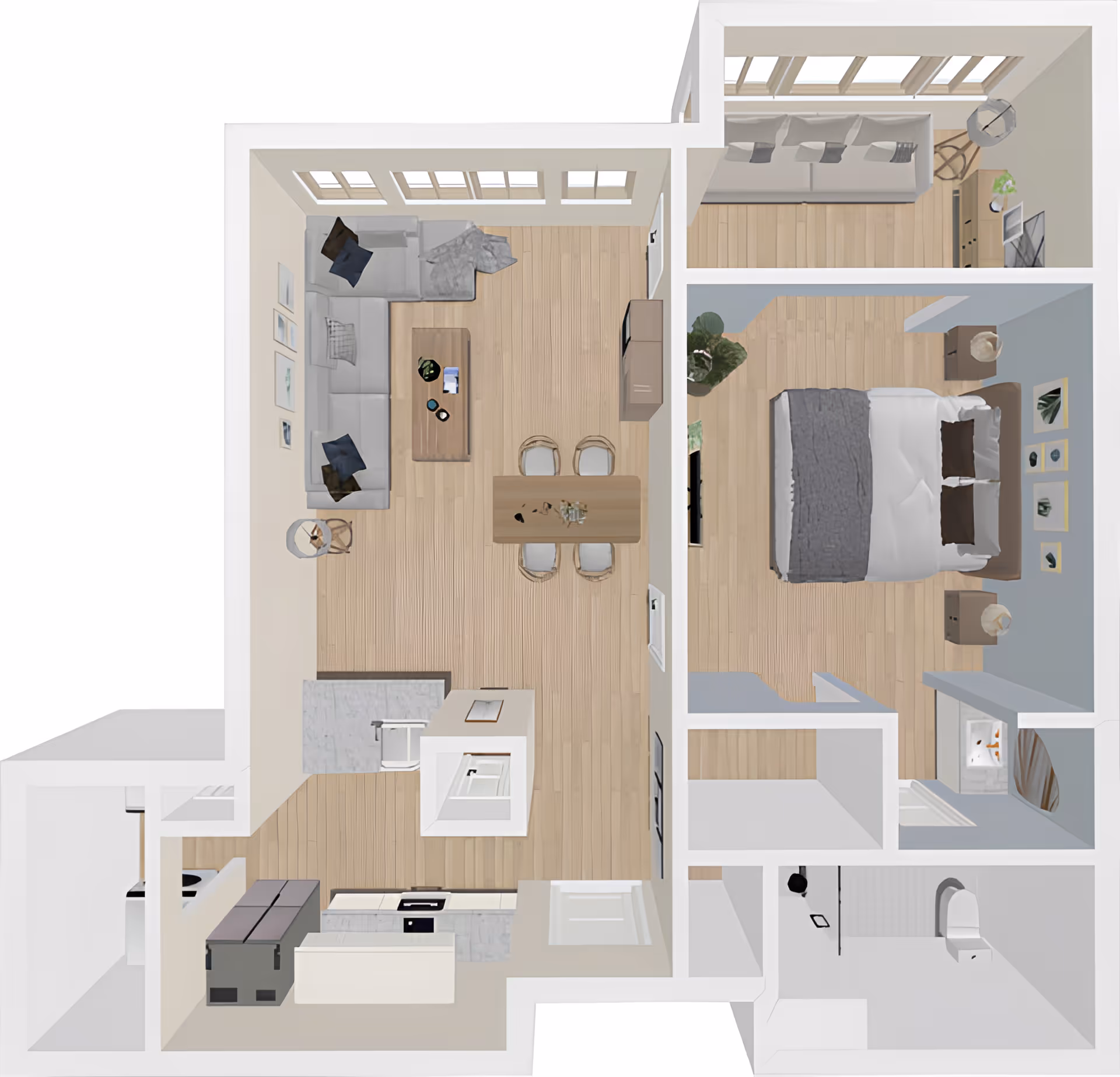 Top-down view of a one-bedroom apartment floor plan featuring a living room with an L-shaped sofa, coffee table, and dining table with four chairs. Adjacent to the living room is a kitchen area with appliances and cabinetry. The bedroom contains a double bed with nightstands and lamps, a TV mounted on the wall, and a small seating area with a couch and side table. The bathroom includes a toilet, shower, and sink. The apartment has wooden flooring throughout the main areas and large windows providing natural light.