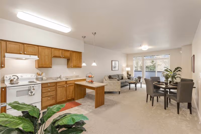 Open-concept living space featuring a kitchen with wooden cabinets, white stove, and a small island with pendant lights. Adjacent to the kitchen is a living room with a sofa, coffee table, and a floor lamp near large windows letting in natural light. A dining area with a round table and four chairs is also visible, along with some green plants adding a touch of nature to the room.