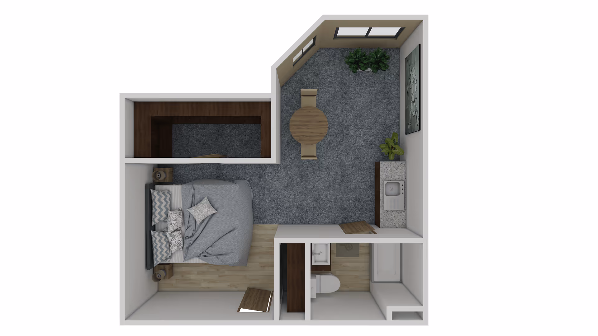 Top-down view of a senior living facility apartment floor plan featuring a bedroom with a bed and nightstands, a living area with a round table and two chairs, a kitchenette with a sink and countertop, and a bathroom with a toilet, sink, and shower.