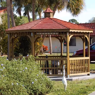 A wooden gazebo with a red roof situated outdoors surrounded by greenery and palm trees. A white bird stands on the grass near the gazebo, and a red vehicle is partially visible in the background.
