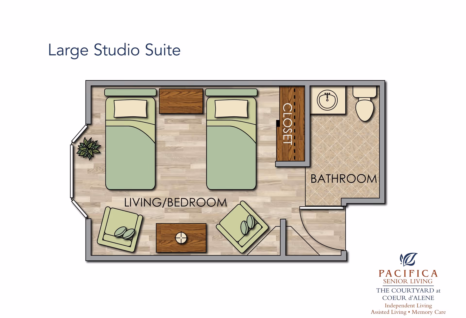 Floor plan of a large studio suite showing a living/bedroom area with two beds, two chairs, a coffee table, a closet, and a bathroom with a sink and toilet. There is a small plant near the window.