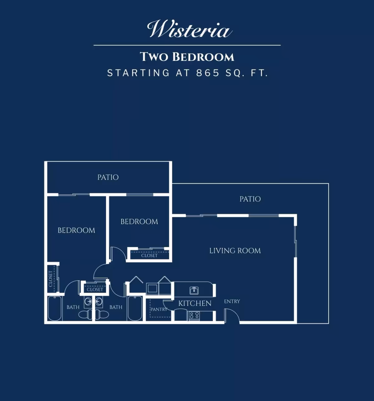 Floor plan of a two-bedroom apartment named Wisteria, starting at 865 square feet, showing two bedrooms, two bathrooms, a kitchen with pantry, a living room, entry, closets, and two patios.