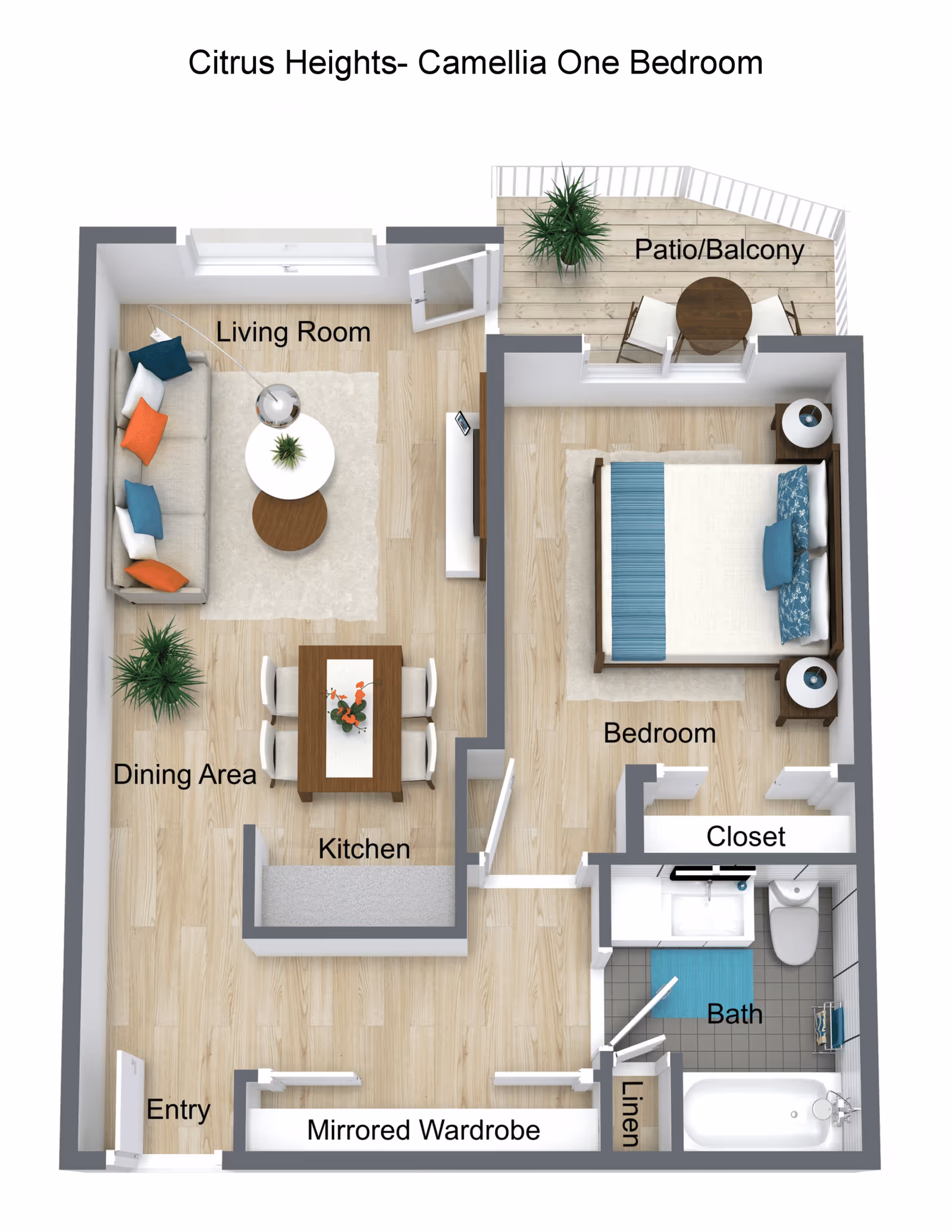 Floor plan of a one-bedroom apartment at The Crest at Citrus Heights showing labeled areas including living room, dining area, kitchen, bedroom, closet, bath, linen, mirrored wardrobe, entry, and a patio/balcony with outdoor furniture.