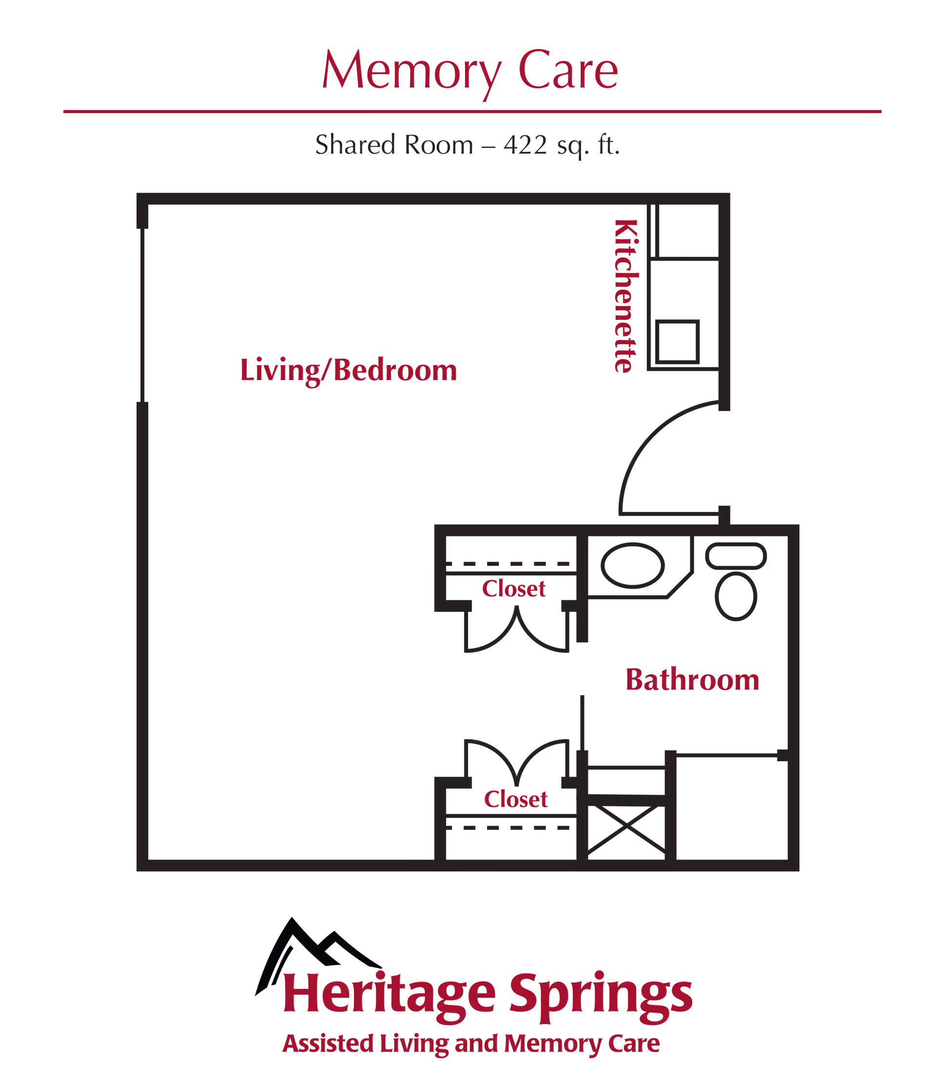 Floor plan of a Memory Care shared room at Heritage Springs Assisted Living and Memory Care, showing a 422 sq. ft. layout with labeled areas for Living/Bedroom, Kitchenette, Bathroom, and two Closets.
