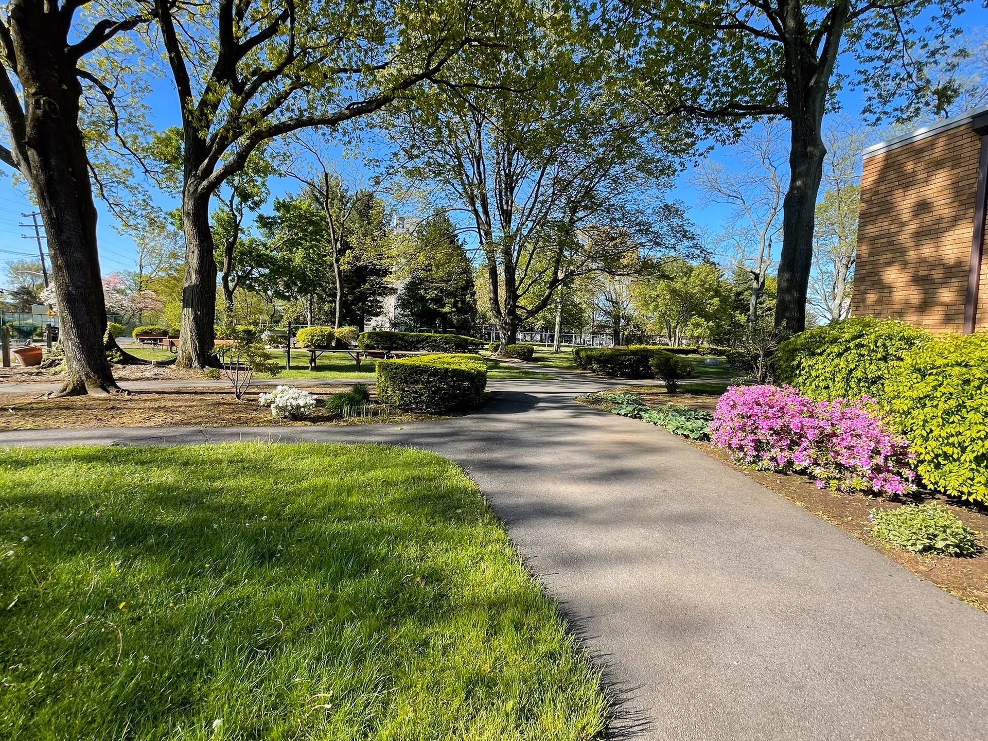 A paved walkway in a garden area surrounded by green grass, bushes, and trees under a clear blue sky. There are benches and a brick building visible on the right side.