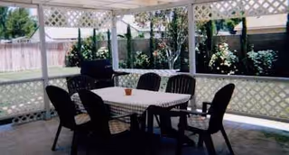 Covered outdoor patio with a round table and six chairs, lattice walls and greenery.