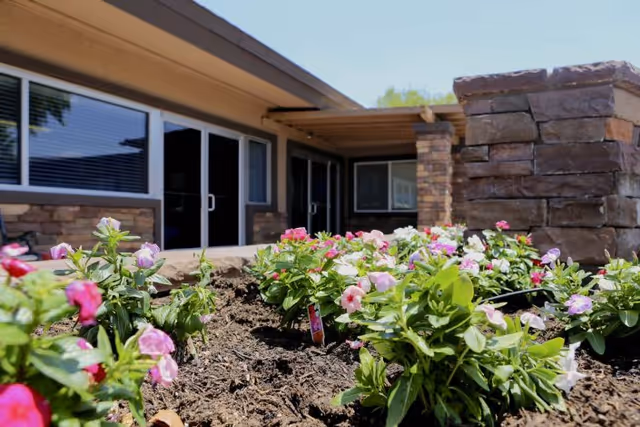 Close-up view of a flower bed with pink and white flowers in front of a building with stone pillars and large windows under a clear blue sky.