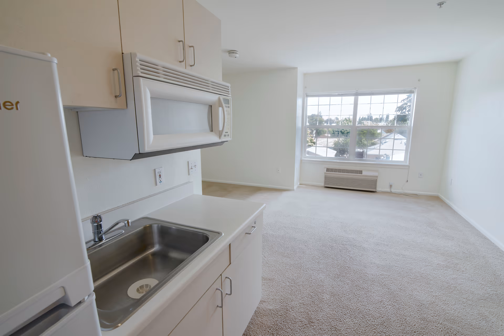 A small kitchen area with a stainless steel sink, white countertop, white cabinets, and a white microwave above the counter. The kitchen opens into a carpeted living space with a large window letting in natural light and a wall-mounted heater below the window.