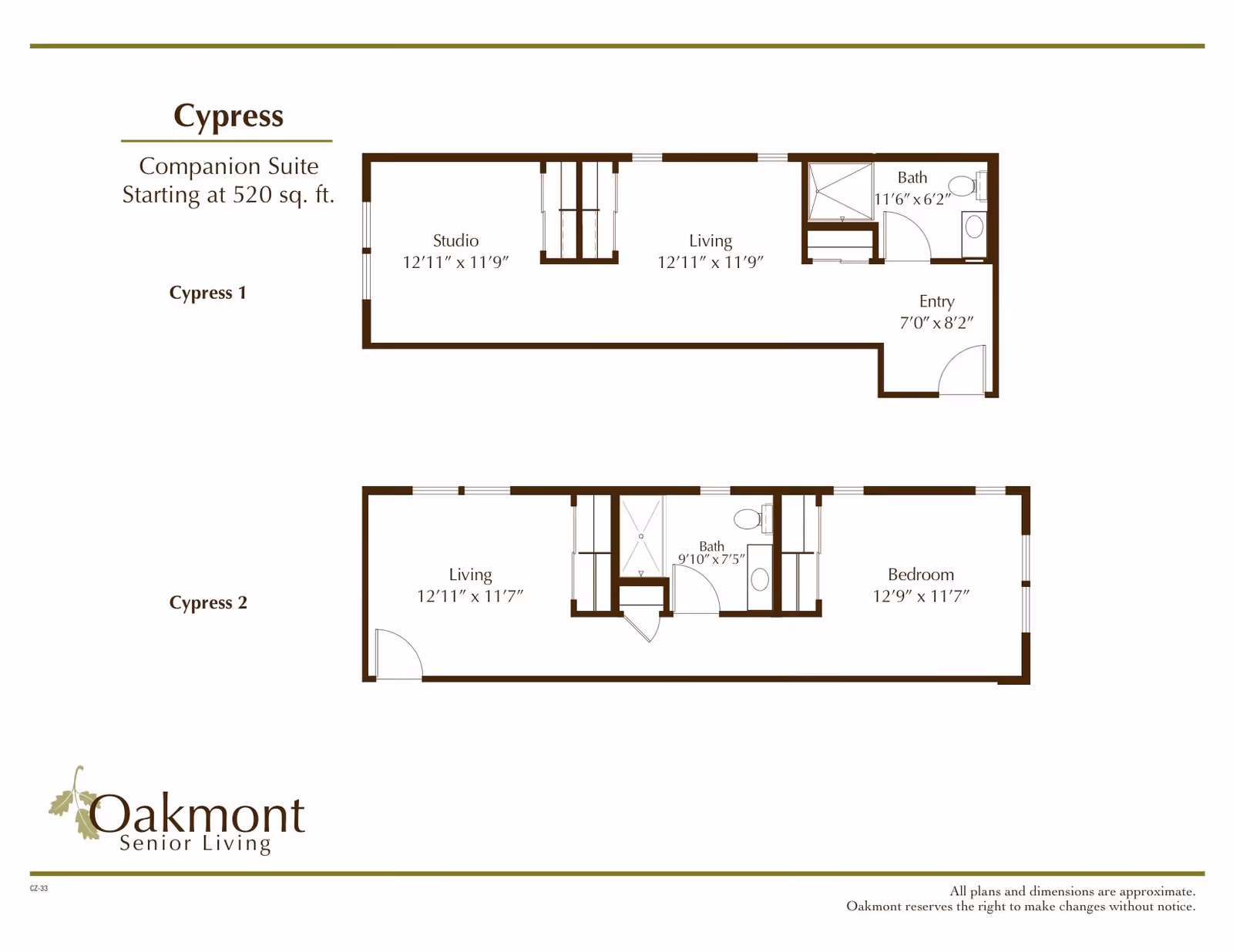 Floor plans for Cypress companion suites at Oakmont Senior Living, showing two layouts: Cypress 1 with a studio, living area, bath, and entry; Cypress 2 with a living area, bath, and bedroom. Dimensions are provided for each room.
