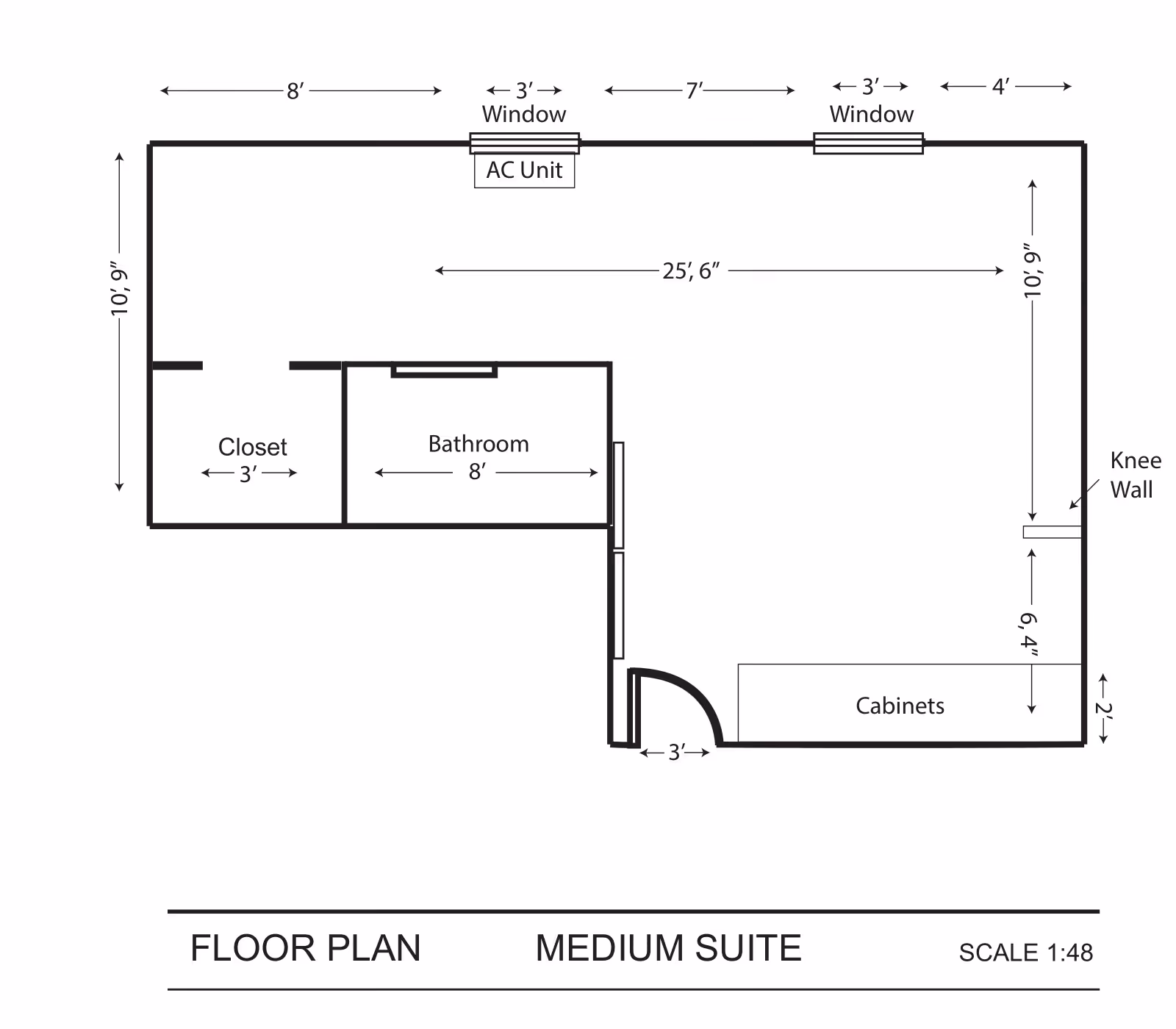 Architectural floor plan of a medium suite showing dimensions and layout including a closet, bathroom, windows, AC unit, cabinets, and a knee wall.