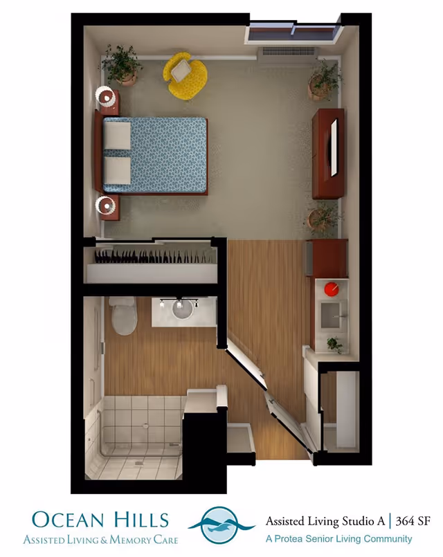 Top-down floor plan of an assisted living studio apartment showing a bedroom area with a bed, two nightstands, a yellow chair, and plants. There is a kitchenette with a sink and cabinets, a bathroom with a toilet, sink, and shower, and a closet space. The floor plan is labeled Ocean Hills Assisted Living & Memory Care, Assisted Living Studio A, 364 SF.