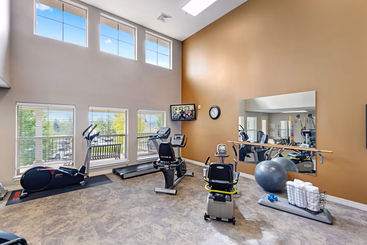 Bright fitness room with large windows letting in natural light, featuring exercise equipment including a treadmill, recumbent bike, elliptical machine, a large mirror on the wall, a stability ball, dumbbells, and a basket of rolled towels.