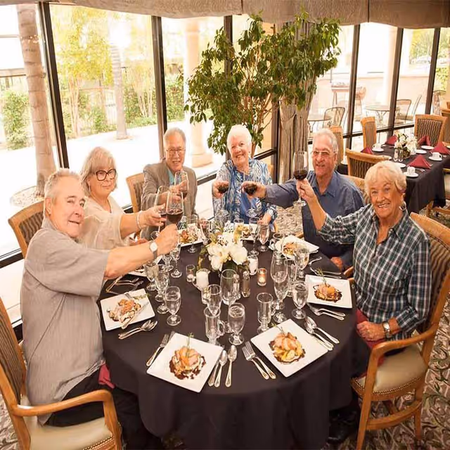 Six elderly people sitting around a round dining table with black tablecloth, raising their glasses of red wine in a toast. The table is set with plates of food, multiple glasses, silverware, and a floral centerpiece. Large windows and greenery are visible in the background.