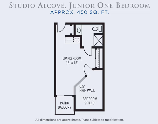 Black-and-white floor plan titled "Studio Alcove, Junior One Bedroom approx. 450 sq. ft." showing a living room, bedroom, bathroom, kitchenette, and a patio/balcony with room dimensions.