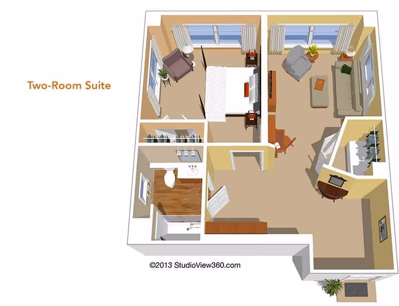 3D floor plan of a two-room suite showing a bedroom with a bed, nightstands, and a chair; a living room with a sofa, armchair, coffee table, TV, and desk; a bathroom with a toilet, sink, and bathtub; and a closet space. The layout includes windows with curtains and a small entry area with a plant.
