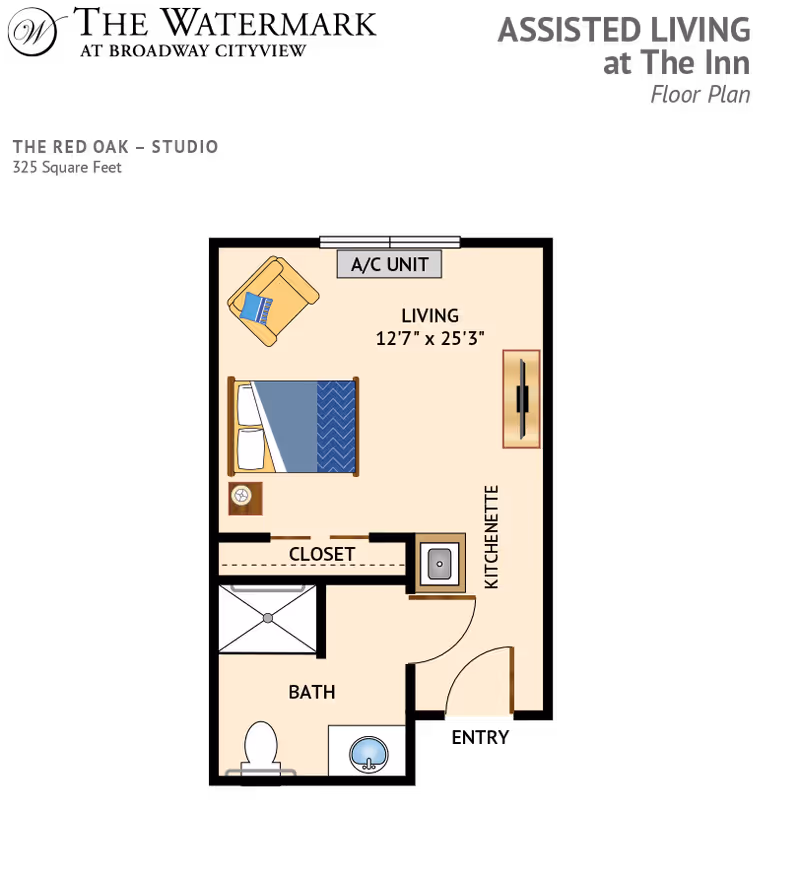 Floor plan of a 325 sq ft studio (The Red Oak) showing a living area with bed, chair and TV, kitchenette, closet, bathroom and A/C unit.