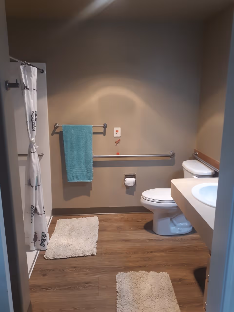 A clean bathroom with a toilet, a sink with countertop, a shower with a white curtain featuring owl designs, two white bath mats on a wooden floor, a turquoise towel hanging on a metal bar, and a grab bar installed on the wall next to the toilet.