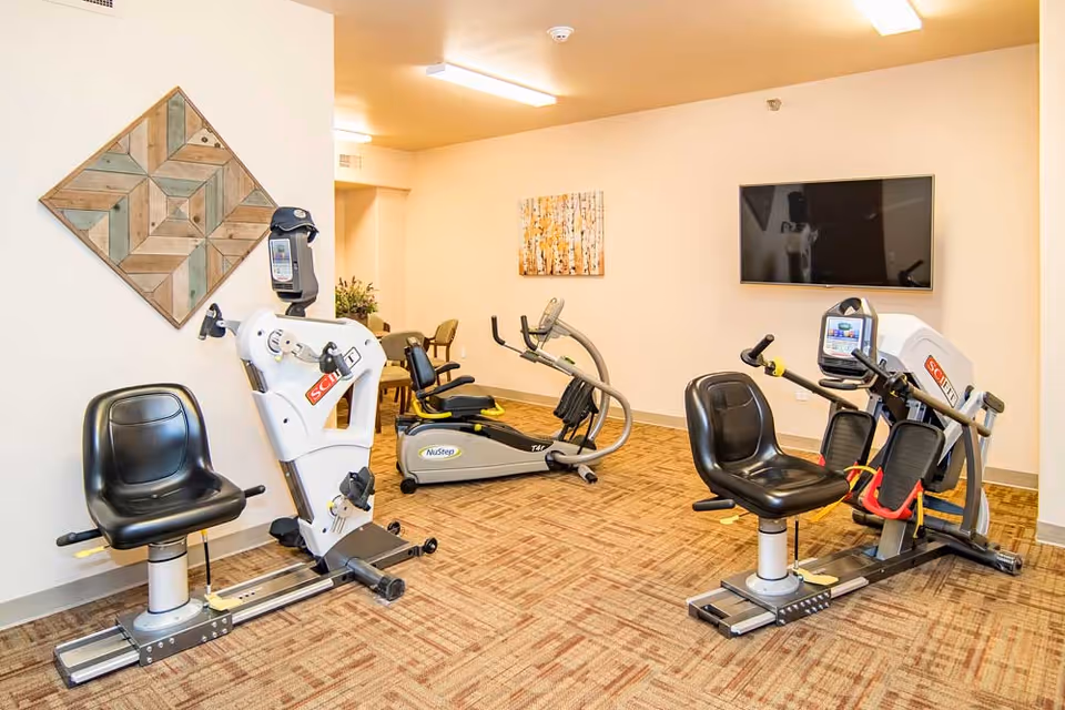 A small exercise room with three pieces of fitness equipment including two seated machines and one recumbent stepper. The room has beige walls, a patterned carpet, a wall-mounted TV, and two pieces of wall art.