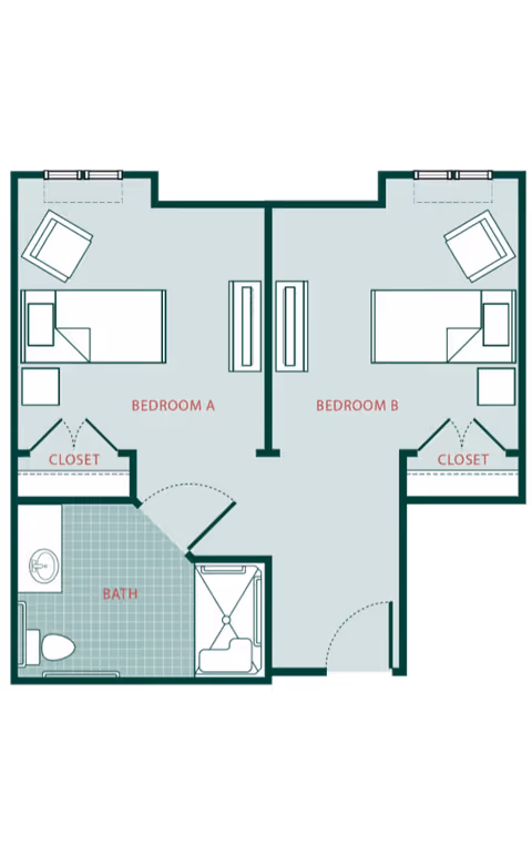 Floor plan of a living space at Ortega Gardens showing two bedrooms labeled Bedroom A and Bedroom B, each with a bed, chair, and closet. There is a shared bathroom with a sink, toilet, and shower.