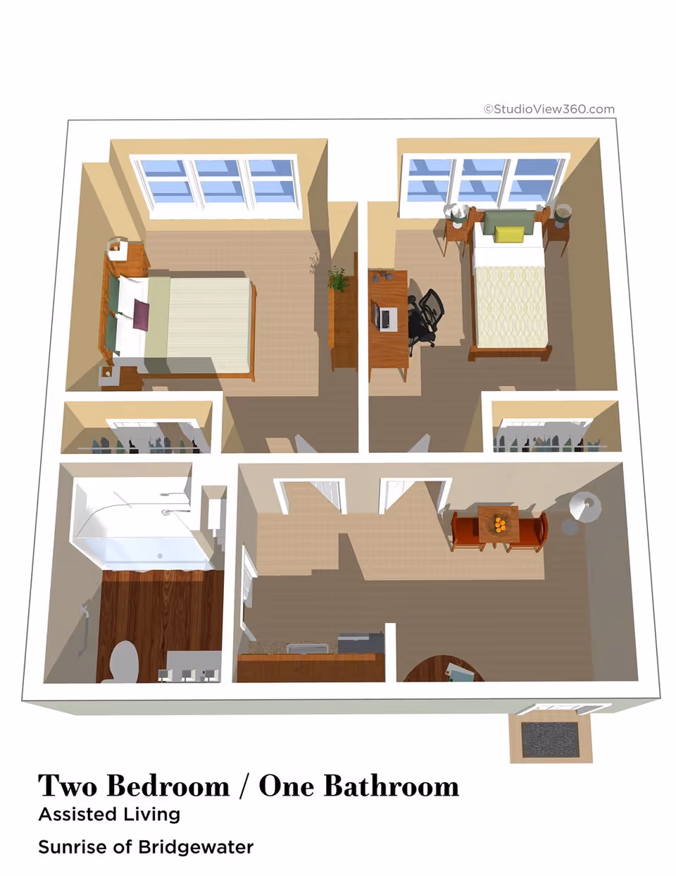 3D floor plan of an assisted living unit at Sunrise of Bridgewater showing two bedrooms, one bathroom, a kitchen area, and a living/dining space. The bedrooms have beds, nightstands, and closets. The bathroom includes a bathtub, toilet, and sink. The living area has a small dining table with chairs and a floor lamp.