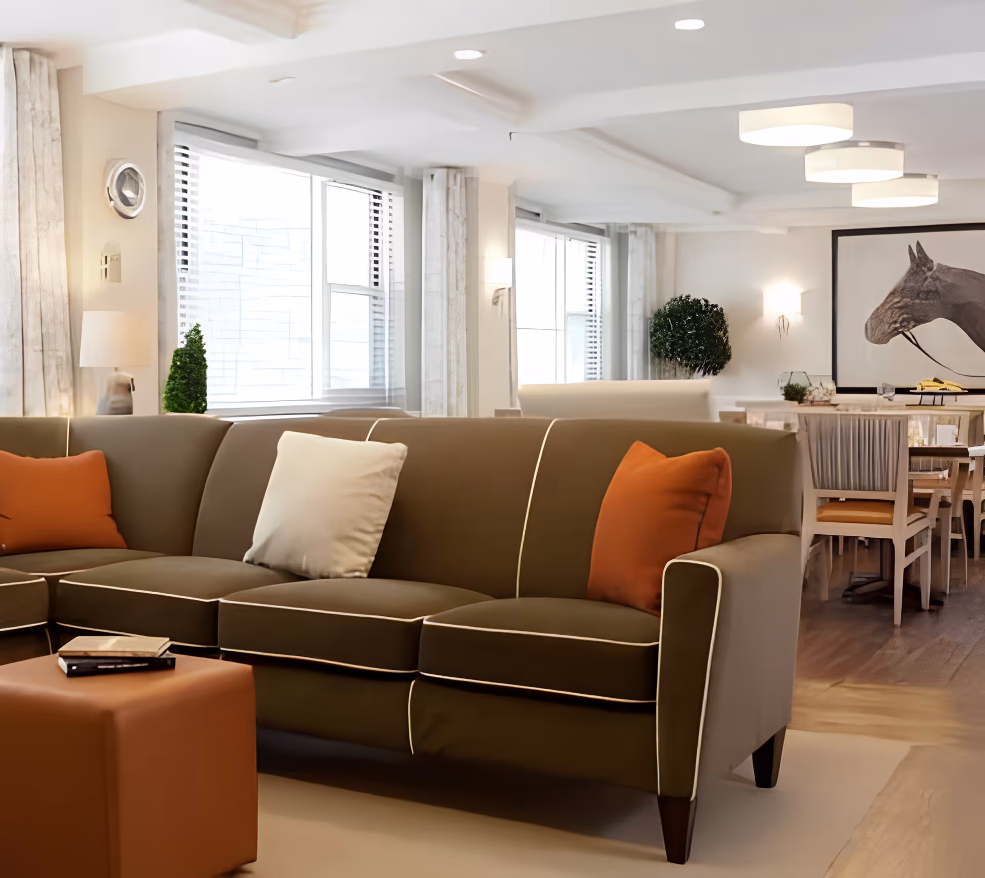 A modern living room area with an olive green sectional sofa accented by orange and white pillows. In front of the sofa is a brown ottoman with books on it. The room has large windows with white blinds, light-colored walls, and ceiling lights. In the background, there is a dining area with wooden chairs and a large framed artwork of a horse's head on the wall.