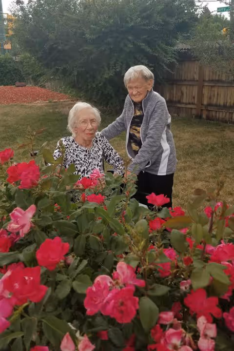Two elderly women outdoors in a garden area with vibrant pink flowers in the foreground. One woman is seated and wearing a black and white patterned top, while the other woman stands beside her, smiling and wearing a gray jacket. There is a wooden fence and green bushes in the background.