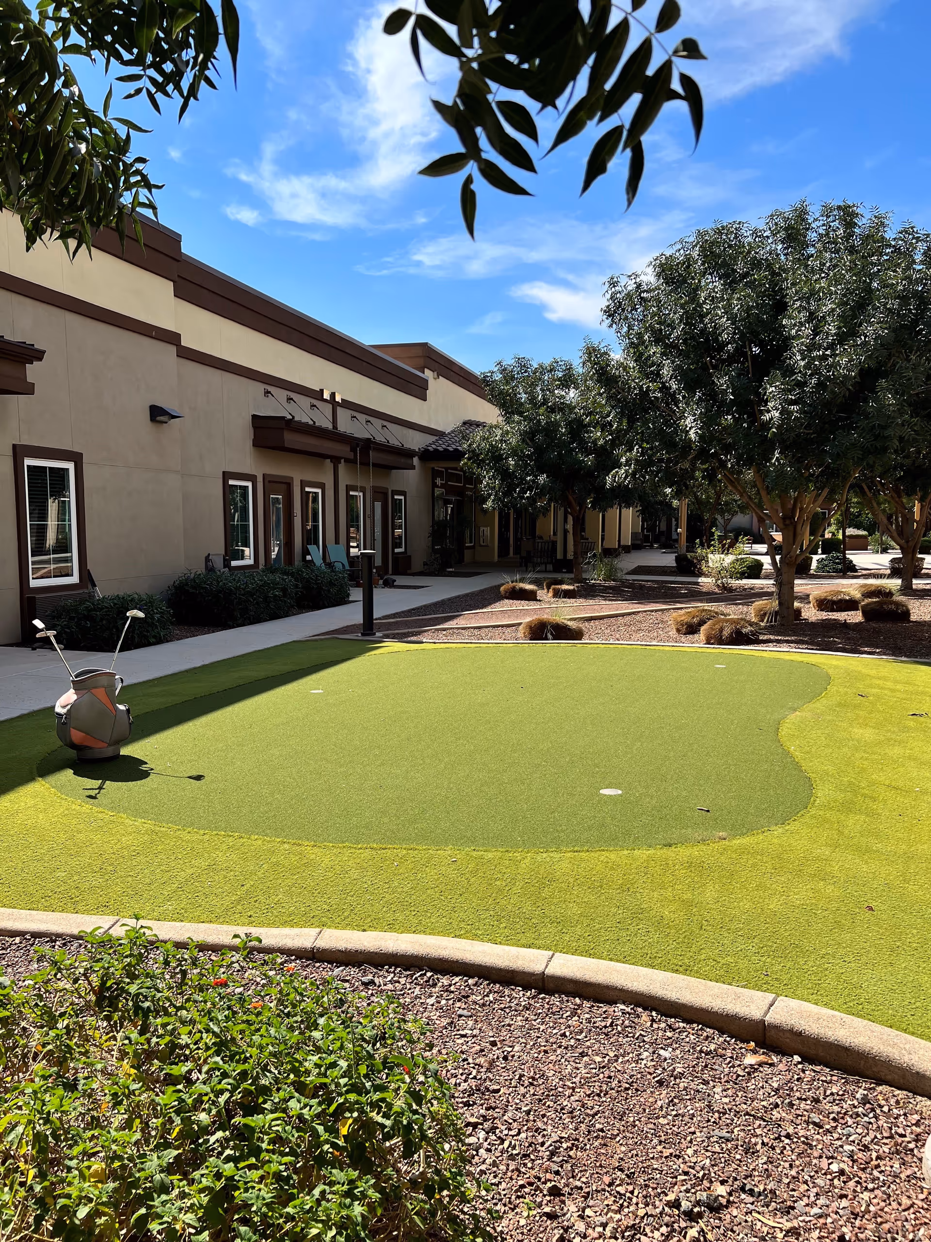 Outdoor putting green area with a golf bag and clubs on the left side, surrounded by trees and landscaping with bushes and rocks. A building with multiple windows and a shaded walkway is visible in the background under a blue sky with some clouds.
