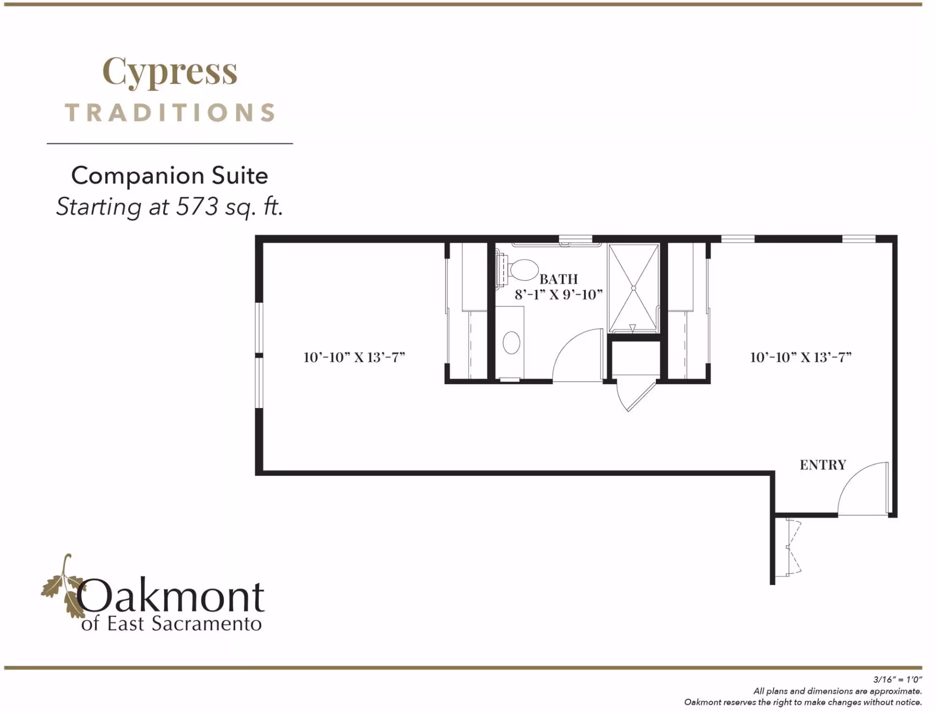 Floor plan of the Cypress Traditions Companion Suite showing two rooms, a central bathroom, and an entry with labeled dimensions.