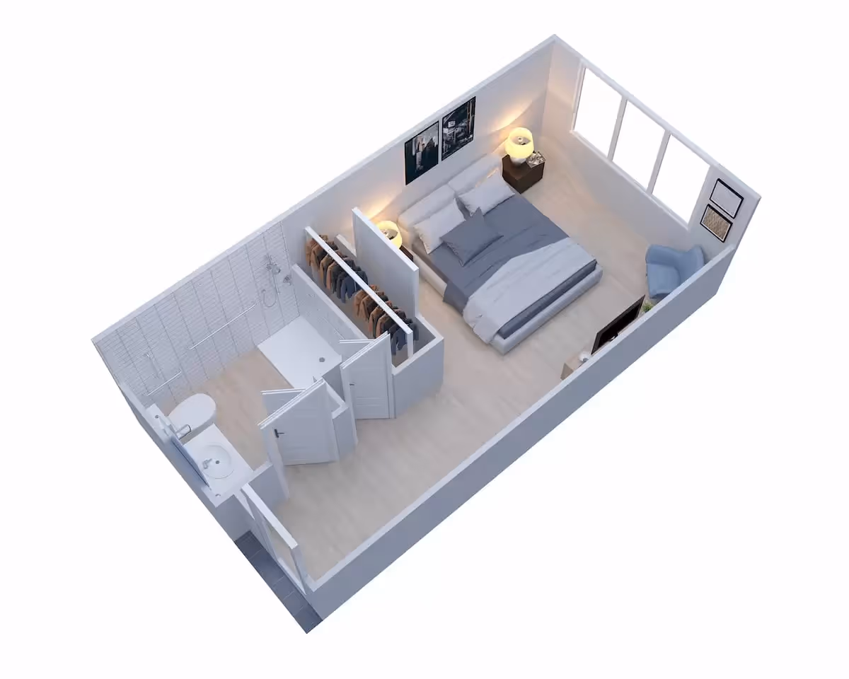 3D floor plan of a small apartment unit featuring a bedroom with a bed, two nightstands with lamps, a chair near the window, a TV on a stand, a closet with hanging clothes, and an adjacent bathroom with a toilet, sink, and shower area.