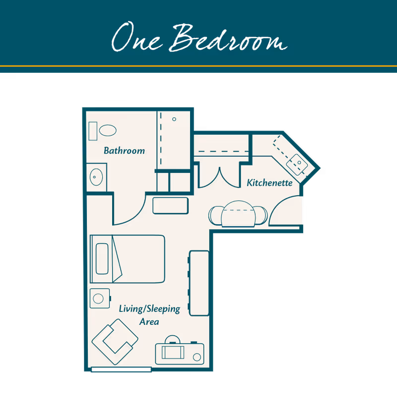 Labeled one-bedroom floor plan showing a kitchenette, bathroom, and combined living/sleeping area with furniture icons.