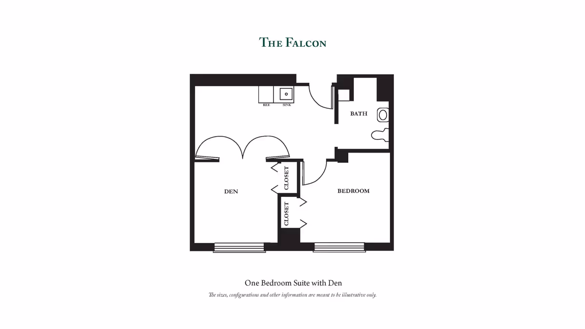 Black-and-white floor plan titled 'The Falcon' showing a one-bedroom suite with a den, bathroom, closets, and kitchenette.