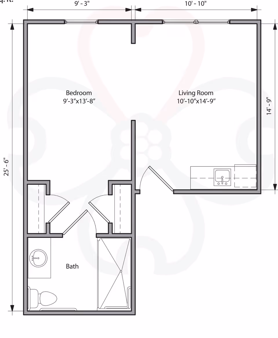 Architectural floor plan of a one-bedroom apartment at Carolina Reserve of Laurel Park, showing a bedroom measuring 9 feet 3 inches by 13 feet 8 inches, a living room measuring 10 feet 10 inches by 14 feet 9 inches with a kitchenette area, and a bathroom with a sink, toilet, and shower.