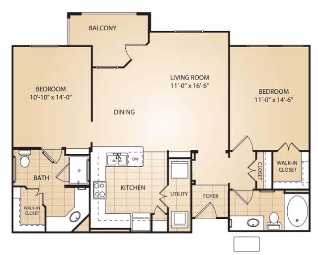 Floor plan of an apartment at Raider Ranch showing two bedrooms, two bathrooms, a kitchen, dining area, living room, utility room, foyer, and a balcony. Both bedrooms have walk-in closets. The kitchen includes a dishwasher and refrigerator. The living room measures 11 feet by 16 feet 6 inches. The bedrooms measure 10 feet 10 inches by 14 feet and 11 feet by 14 feet 6 inches respectively.