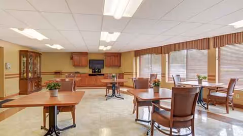 Bright senior living dining area with wooden tables, chairs, plants, and large windows.